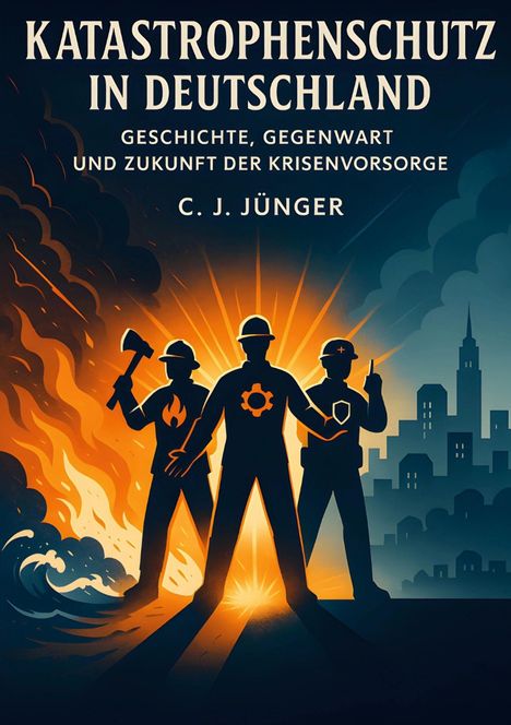 "Katastrophenschutz in Deutschland" von C. J. Jünger. Drei Figuren vor Stadt, Feuer und Rauch, symbolträchtig beleuchtet.