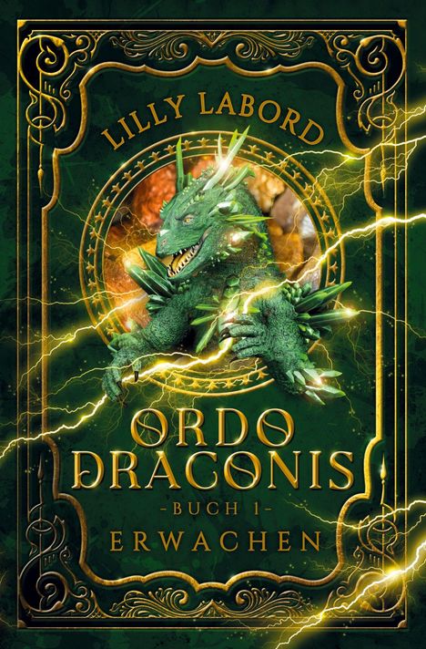 Der Text lautet "Lilly Labord", "Ordo Draconis Buch 1 - Erwachen". Ein grüner Drache mit leuchtenden Kristallen ist zentral abgebildet.