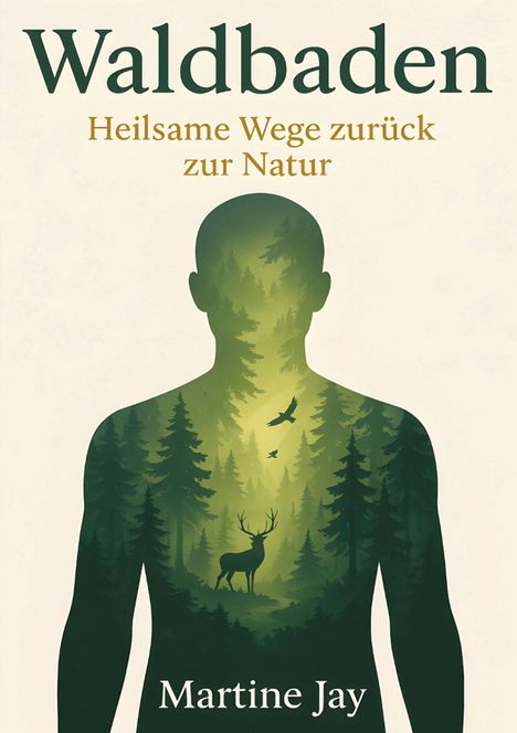 „Waldbaden: Heilsame Wege zurück zur Natur“ von Martine Jay. Silhouette mit Wald, Hirsch und Vögeln.