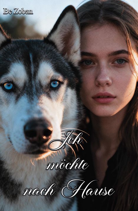 Text: "Be Zoban" und "Ich möchte nach Hause". Ein Husky mit blauen Augen steht neben einer jungen Frau mit langen Haaren.