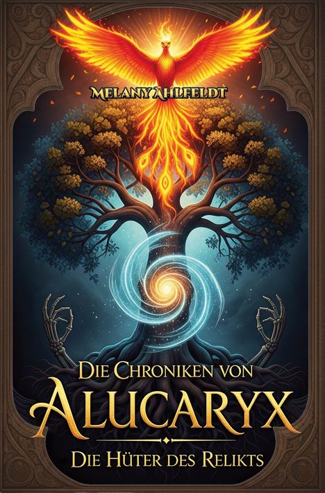 Die Texte "Melanya Hilfeldt" und "Die Chroniken von Alucaryx: Die Hüter des Relikts" sind zu sehen. Ein Phönix und ein Baum dominieren die Illustration.