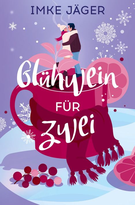„Glühwein für zwei“ in verspielter Schrift. Paar umarmt sich auf einer großen Tasse, umgeben von Winterelementen.