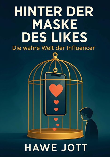 „Hinter der Maske des Likes: Die wahre Welt der Influencer“ von Hawe Jott. Ein Käfig mit einem Smartphone darin.
