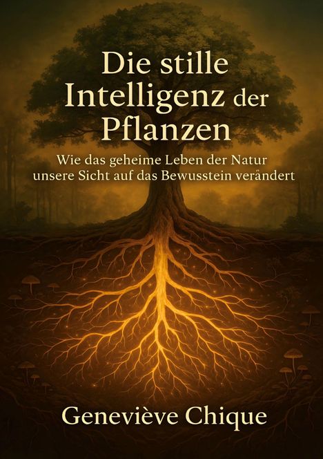 Titel: "Die stille Intelligenz der Pflanzen". Ein Baum mit leuchtenden Wurzeln im Erdreich.