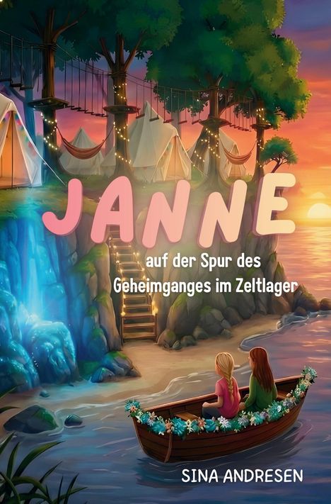 "Janne auf der Spur des Geheimganges im Zeltlager" und "Sina Andresen". Illustration: Zwei Mädchen im blumengeschmückten Boot bei Sonnenuntergang.