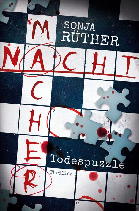 Ein Schachbrettmuster mit roten Buchstaben: „S M A C H T E R“. Blutige Puzzleteile und der Text „Todespuzzle Thriller“ hinzugefügt.