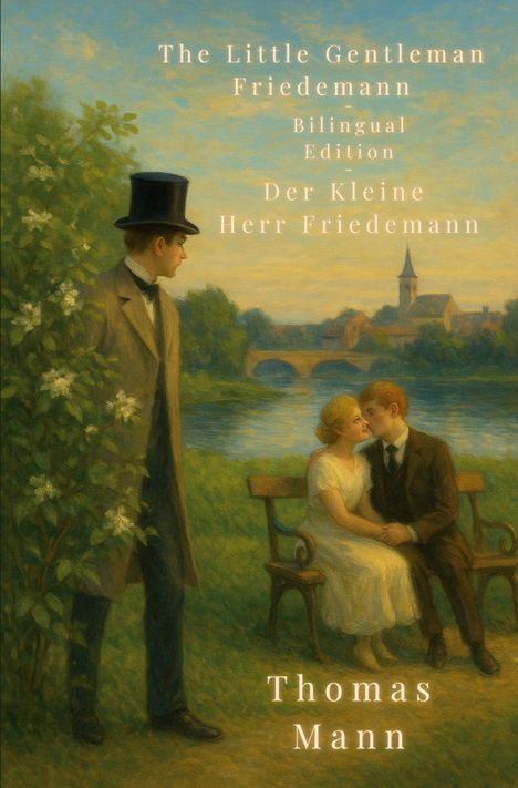Text: "The Little Gentleman Friedemann, Bilingual Edition, Der Kleine Herr Friedemann, Thomas Mann". Illustration: Zwei Paare, Fluss, Brücke.