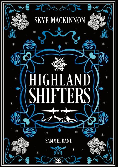 Text: "Skye MacKinnon, Highland Shifters, Sammelband." Verzierte Ornamente in Blau und Weiß mit Muster und Bergmotiv.
