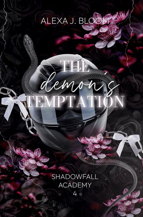 „THE DEMON'S TEMPTATION“ steht vor einem Motorradhelm, umgeben von einer Schlange, rosa Blumen und weißen Schleifen.