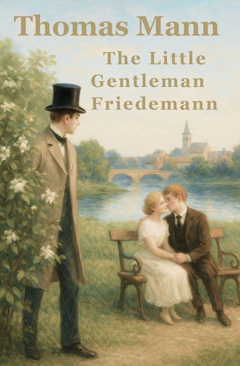 Thomas Mann, The Little Gentleman Friedemann. Eine Illustration zeigt zwei Menschen auf einer Bank, ein Mann im Frack schaut zu.