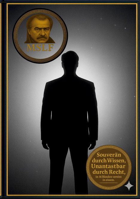 "Souverän durch Wissen, Unantastbar durch Recht, in 16 Bänden vereint in einem." Silhouette eines Mannes, MSLF-Logo.