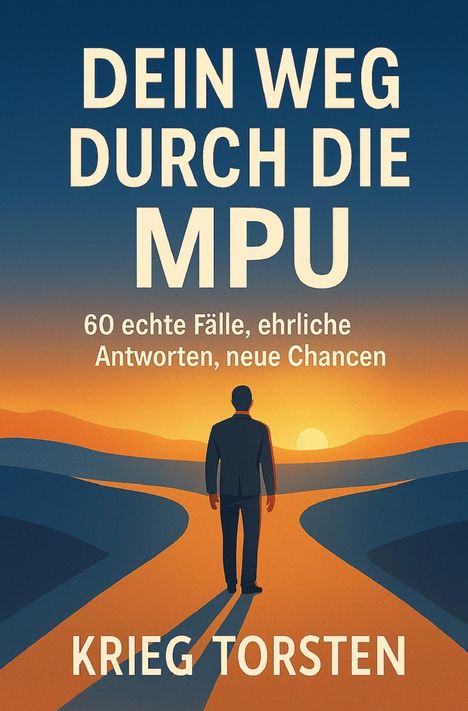 "Dein Weg durch die MPU. 60 echte Fälle, ehrliche Antworten, neue Chancen. Krieg Torsten." Eine Person am Weg bei Sonnenuntergang.