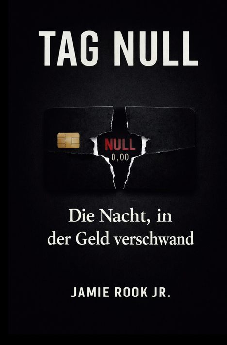 "TAG NULL" in großer Schrift, zeigt zerrissene schwarze Kreditkarte mit "NULL 0,00", darunter "Die Nacht, in der Geld verschwand". Autor: Jamie Rook Jr.