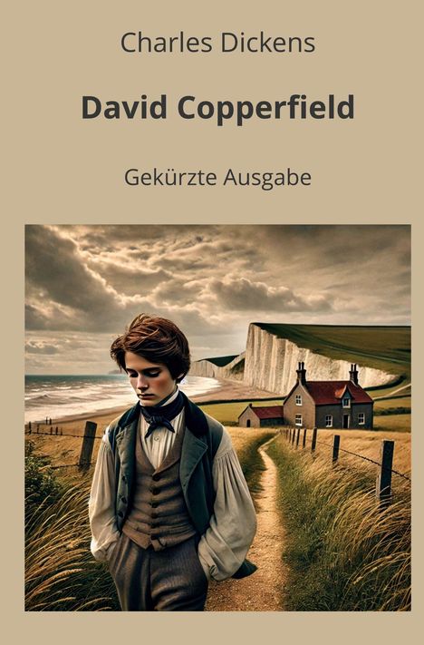 "Charles Dickens; David Copperfield; Gekürzte Ausgabe" über Junge in Landschaft mit Meer, Klippen und Haus.