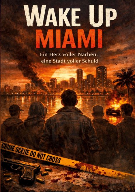 „Wake Up Miami“, „Ein Herz voller Narben, eine Stadt voller Schuld“. Skyline bei Sonnenuntergang, brennendes Auto, vier Personen.