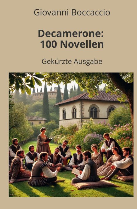 Giovanni Boccaccio, Decamerone: 100 Novellen, Gekürzte Ausgabe. Illustration von Menschen in historischer Kleidung im Garten.
