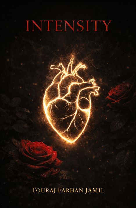 "INTENSITY" steht oben, "TOURAJ FARHAN JAMIL" unten. Glühendes menschliches Herz, rote Rosen umgeben es.