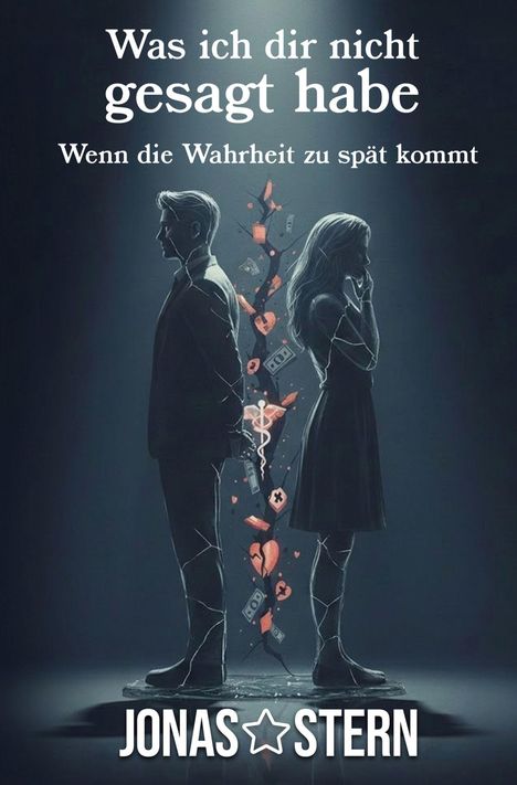 "Was ich dir nicht gesagt habe. Wenn die Wahrheit zu spät kommt. JONAS STERN." Silhouette eines Paares Rücken an Rücken.