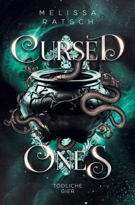 CURSED ONES. TÖDLICHE GIER. Ein schwarzer Kessel mit Schlangen und grünen Rauchwolken im Hintergrund.