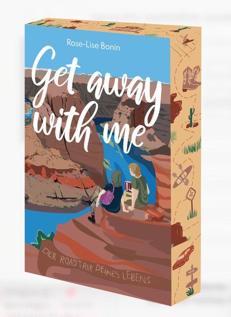 „Get away with me“, Rose-Lise Bonin, „Der Roadtrip deines Lebens.“ Illustration: zwei Menschen auf Felsen am Fluss.