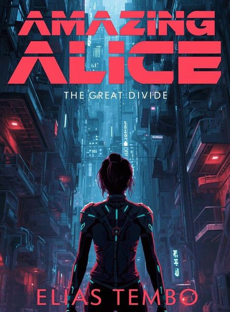 "Amazing Alice", "The Great Divide", "Elias Tembo". Eine futuristische Stadt mit einer Person im Vordergrund.