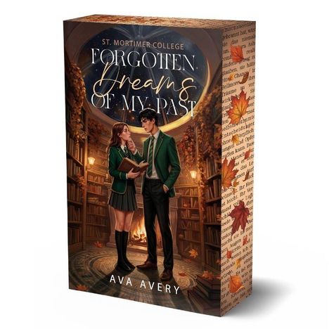 „Forgotten Dreams of My Past“ von Ava Avery. Zwei Personen in Schuluniform stehen in einer Bibliothek.