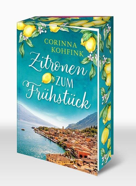 "Zitronen zum Frühstück" von Corinna Kohfink. Illustration: Zitronen, blaues Meer, farbenfrohe Häuser, Berge im Hintergrund.