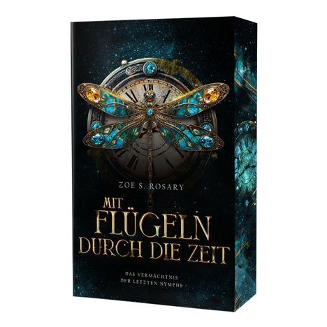 „Mit Flügeln durch die Zeit“ von Zoe S. Rosary. Eine edle Libelle vor einer alten Uhr. Mystische, dunkle Farben.
