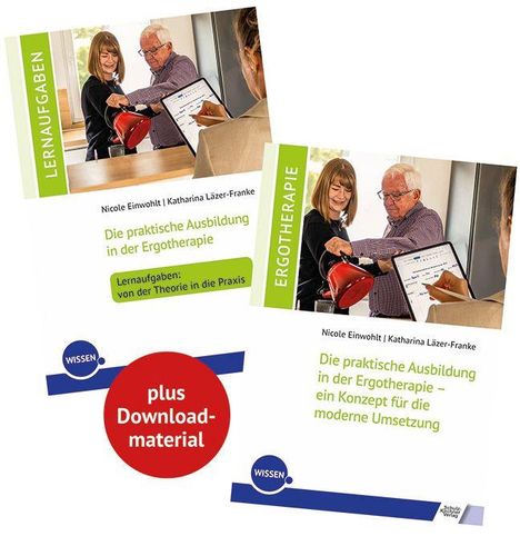 "Die praktische Ausbildung in der Ergotherapie. Lernausgaben: von der Theorie in die Praxis. Plus Downloadmaterial." Bücher, eine Frau und ein älterer Mann betrachten etwas gemeinsam.