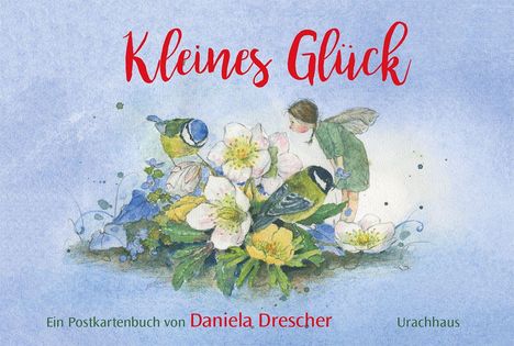 „Kleines Glück“ in roter Schrift; Illustration zeigt Blumen, zwei Vögel und eine kleine Fee mit grünen Flügeln.