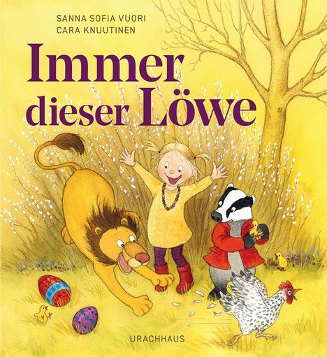 Titel: "Immer dieser Löwe". Ein fröhliches Kind mit Löwe, Dachs und Huhn in einer lebhaften Wiese.
