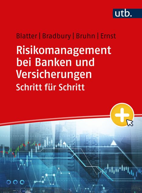 "Risikomanagement bei Banken und Versicherungen - Schritt für Schritt" auf rotem Hintergrund. Skyline und Diagramme unten.