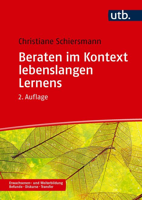 "Beraten im Kontext lebenslangen Lernens", rote Schrift auf gelbem Blattmuster, obere Hälfte rot mit "utb" Logo.