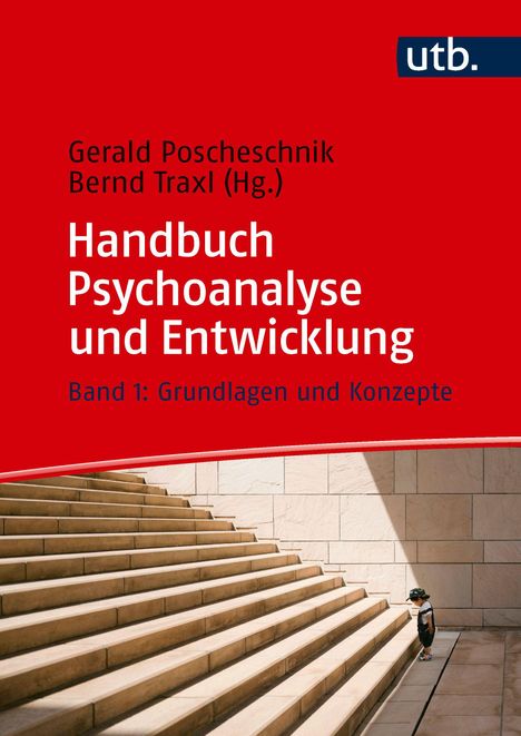 Oben rote Fläche mit Text: „Handbuch Psychoanalyse und Entwicklung“. Unten Treppe und ein Kind mit Sonnenhut.
