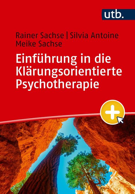 Ein Buchcover mit rotem Hintergrund: Titel "Einführung in die Klärungsorientierte Psychotherapie." Logo: utb. Darunter Bäume und Felsen.