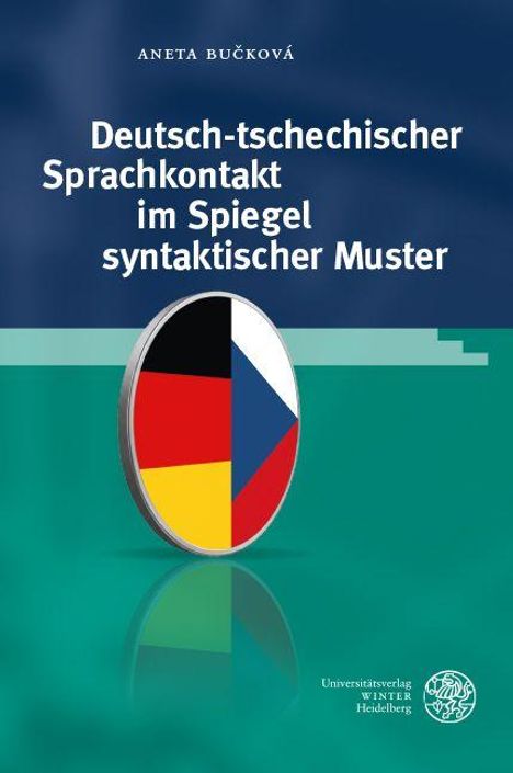 Titel: "Deutsch-tschechischer Sprachkontakt im Spiegel syntaktischer Muster". Ovales Muster in Flaggenfarben.