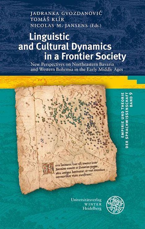Titel: "Linguistic and Cultural Dynamics in a Frontier Society". Antikes Dokument, farbige Punkte auf beige Hintergrund.
