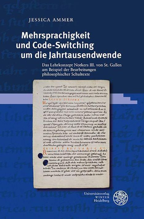 "Mehrsprachigkeit und Code-Switching um die Jahrtausendwende" steht auf blauem Hintergrund. Altes Manuskript in der Mitte.