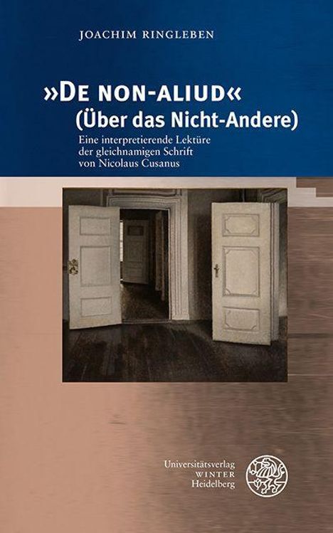 Text: "JOACHIM RINGLEBEN", "»DE NON-ALIUD« (Über das Nicht-Andere)", "Universitätsverlag WINTER Heidelberg".  
Unteres Bild: Geöffnete Türen in einem Flur.