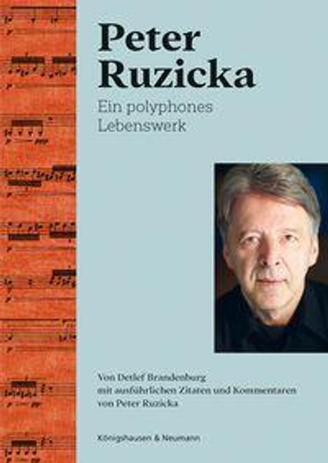 Text: "Peter Ruzicka: Ein polyphones Lebenswerk". Links Notenblatt, rechts Porträt eines Mannes.