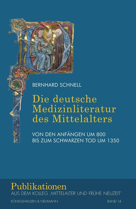 Text: "Die deutsche Medizinliteratur des Mittelalters". Illustration: Zwei Personen in mittelalterlicher Kleidung in einem kunstvollen Rahmen.