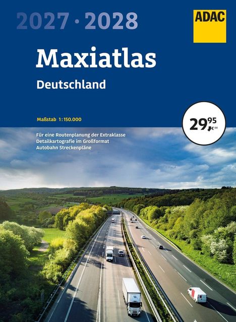 ADAC Maxiatlas Deutschland 2027-2028. Preis: 29,95 Euro. Maßstab 1:150.000. Foto von Autobahn in grüner Landschaft.