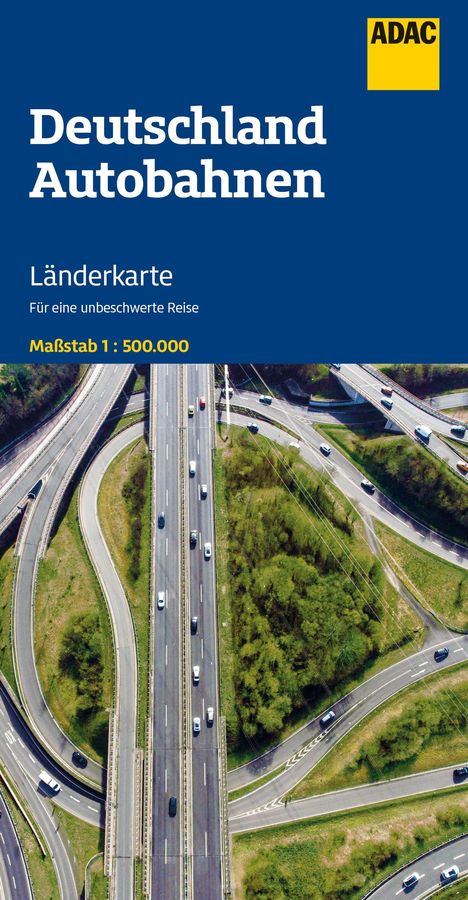 „Deutschland Autobahnen“, Länderkarte. Maßstab 1:500.000. ADAC-Logo, Luftaufnahme eines Autobahnkreuzes mit Autos.