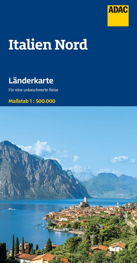 „Italien Nord“, „Länderkarte“, „Für eine unbeschwerte Reise“, „Maßstab 1: 500.000“, ADAC Logo oben rechts. Darunter ein Dorf am See mit Bergen.