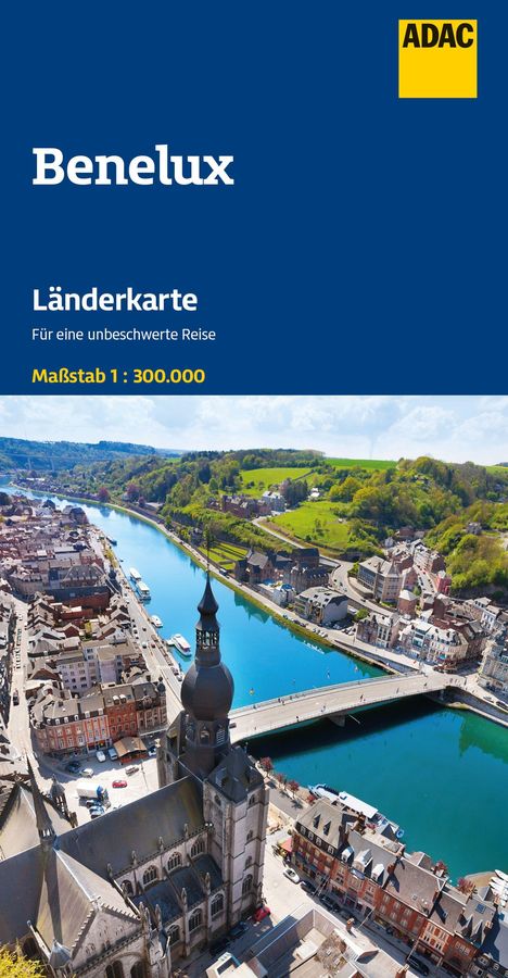 Benelux Länderkarte, Für eine unbeschwerte Reise, Maßstab 1:300.000, ADAC-Logo, Flusslandschaft mit Brücke und Kirche.