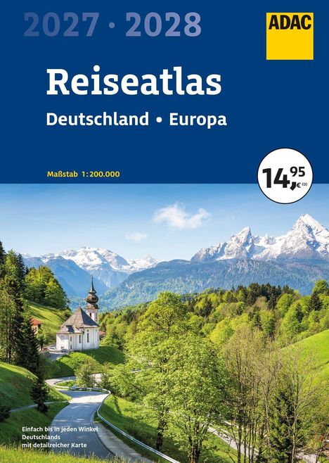 "2027-2028 Reiseatlas Deutschland · Europa Maßstab 1:200.000. Preis 14,95€. Berge, Kirche und grüne Landschaft."