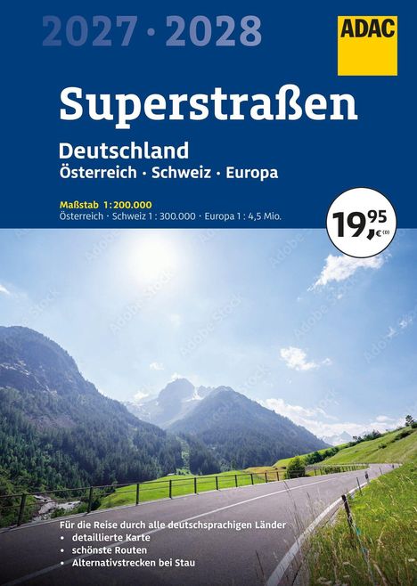 ADAC Superstraßen 2027-2028: Deutschland, Österreich, Schweiz. Preis 19,95 €. Bild zeigt Straße durch Gebirge.
