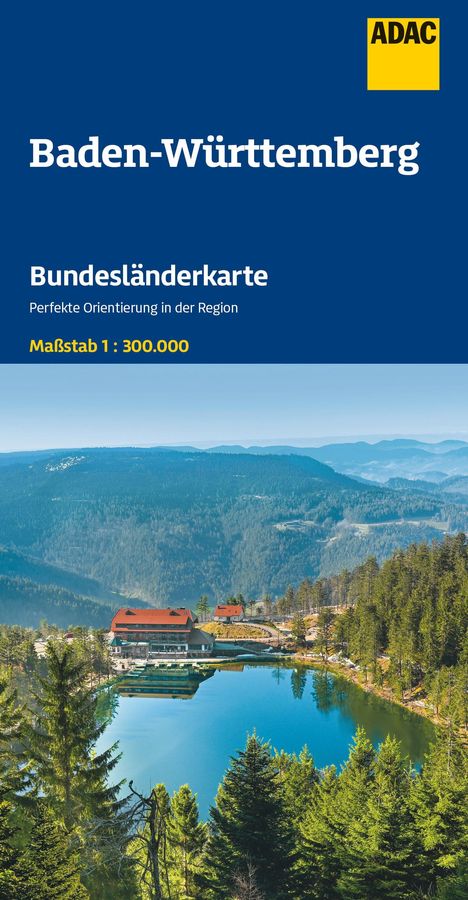 Text: "Baden-Württemberg, Bundesländerkarte, Perfekte Orientierung in der Region, Maßstab 1:300.000." 
Berglandschaft mit See.