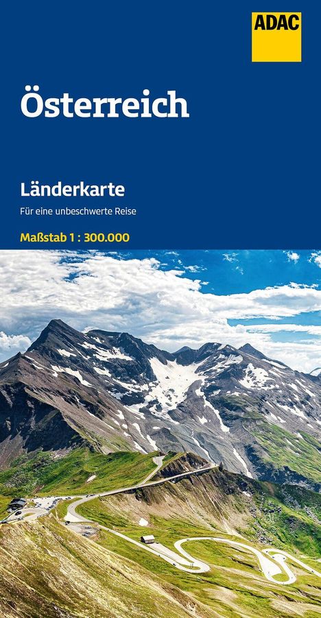 „Österreich. Länderkarte für eine unbeschwerte Reise. Maßstab 1:300.000.“ Logo oben: ADAC. Darunter Berglandschaft mit Straße.