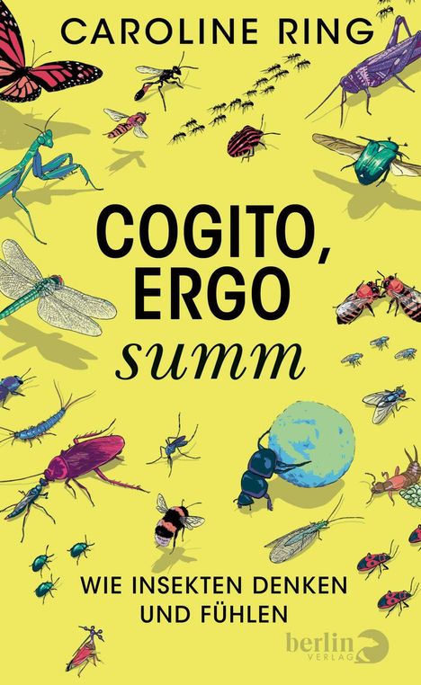 "COGITO, ERGO summ" auf gelbem Hintergrund, umgeben von zahlreichen bunten Insektenillustrationen.